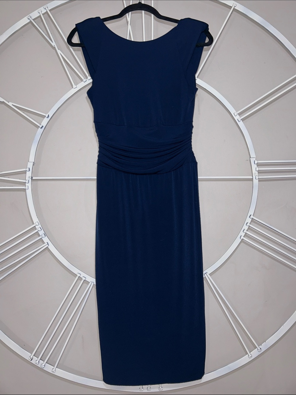 Carmen Marc Valvo Infusion Cocktail Navy Midi Sheath Dress with Ruched Waist